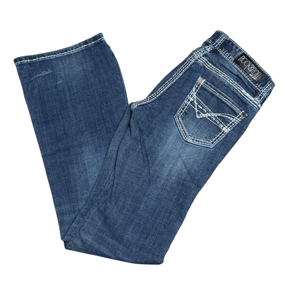Rock & Roll Cowgirl Girls Jeans Bootcut Dark Wash Denim White Stitch Size 10